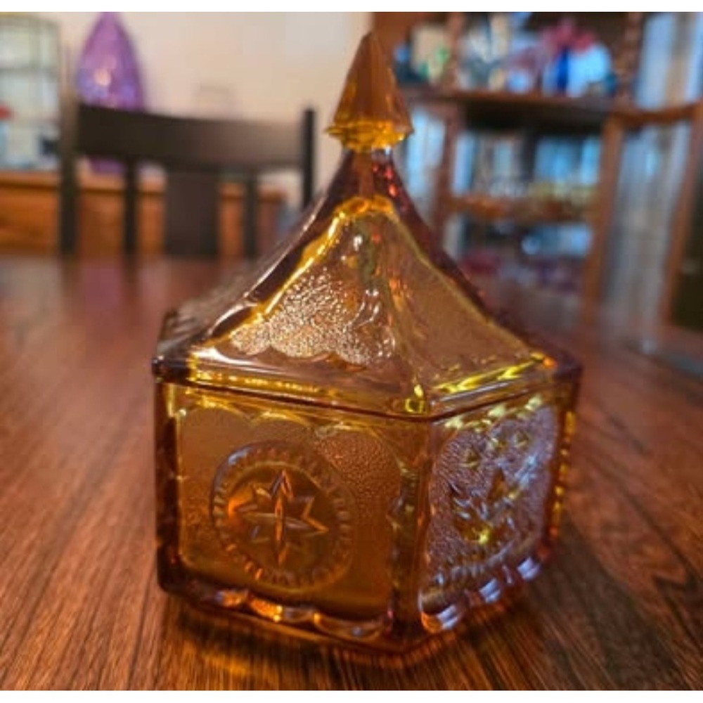Vintage Tiara Indiana Glass Amber Eagle and Stars Hexagon Candy Dish Patriotic